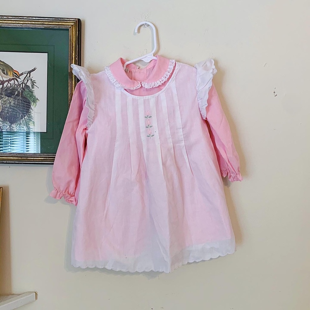 Vintage 70s 2Pc Pink White Apron Prairie Dress Size 3T